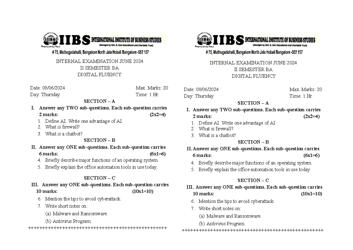 1st Test Digital Fluency - INTERNAL EXAMINATION JUNE 2024 II SEMESTER ...