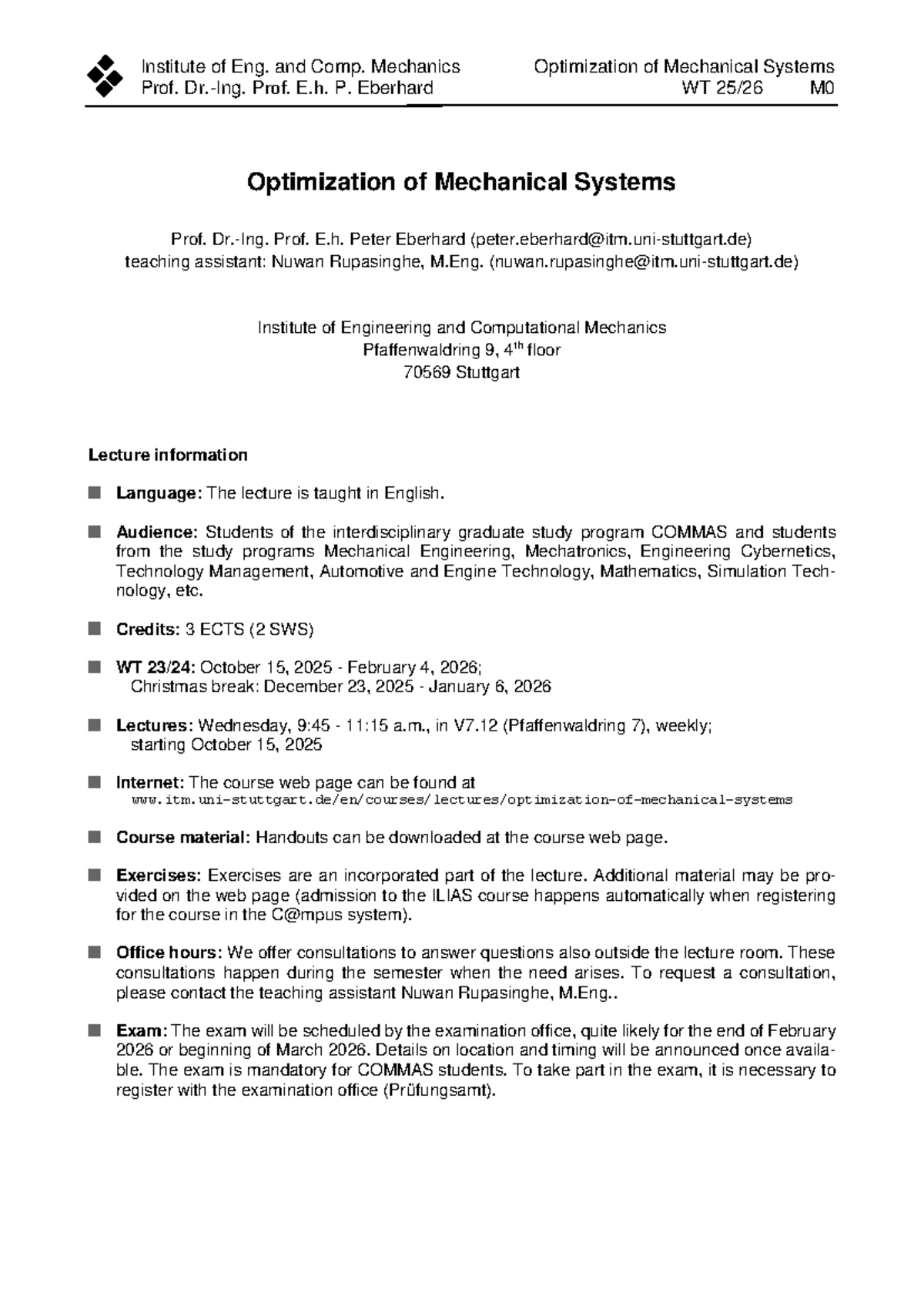 Optimization of Mechanical Systems Lecture Notes WT M0 - M10.1 - Studocu