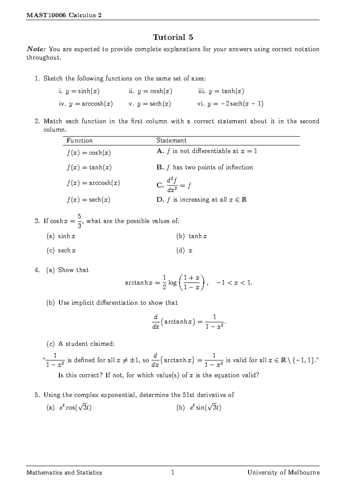 MAST10006 Calculus 2 Week 2 Tutorial Questions & Solutions - Studocu