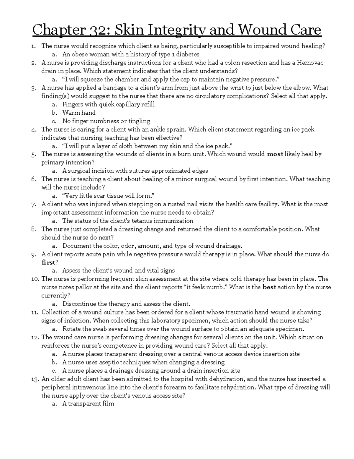 Prep U Chapter 32: Skin Integrity & Wound Care Essentials - Studocu