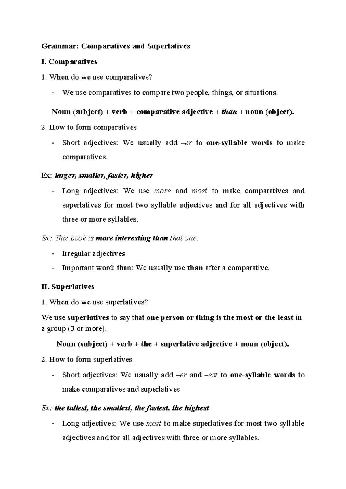 Grammar: Comparatives and Superlatives Overview - Studocu