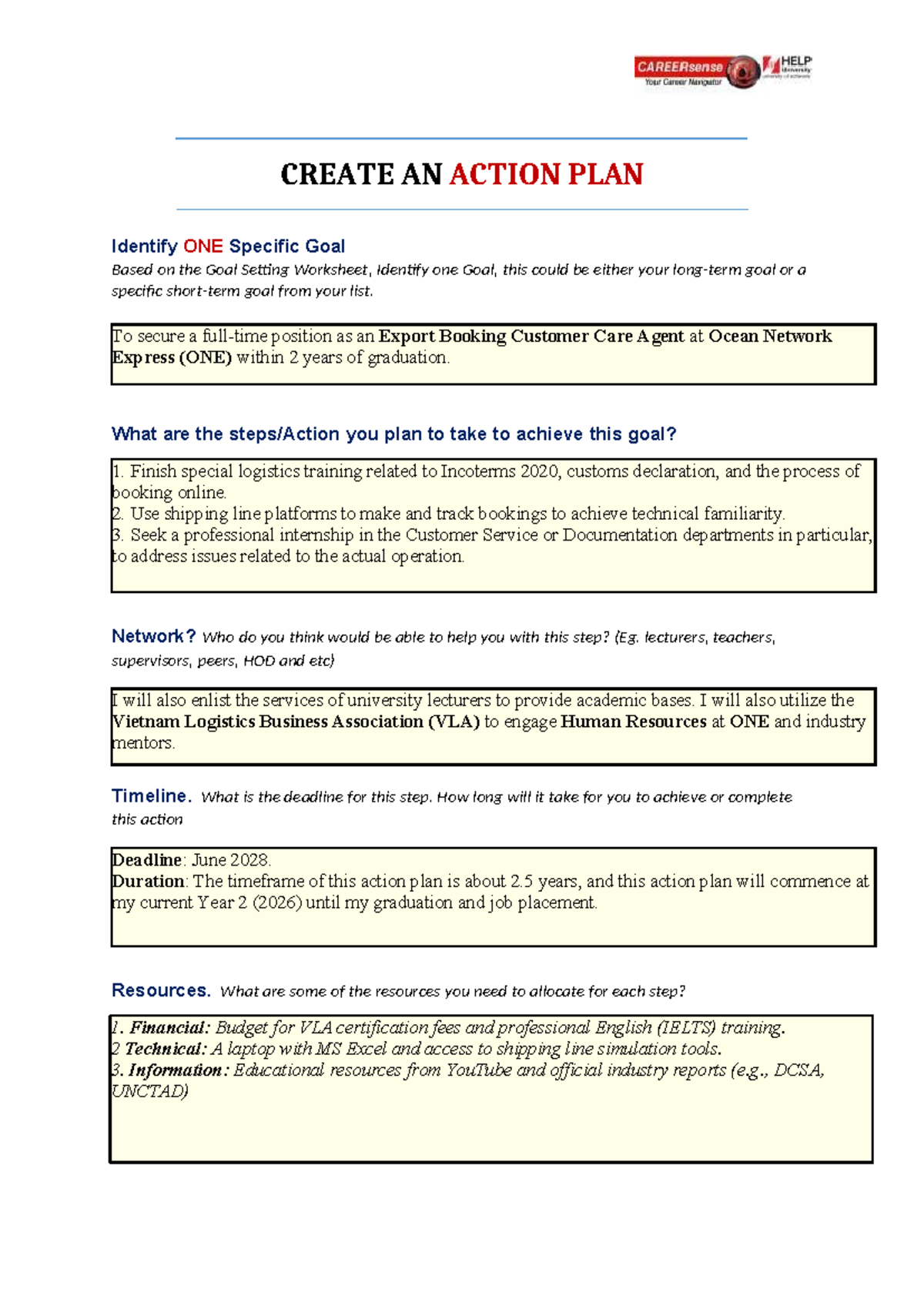 Action Plan for Export Booking Customer Care Agent Goal - Studocu