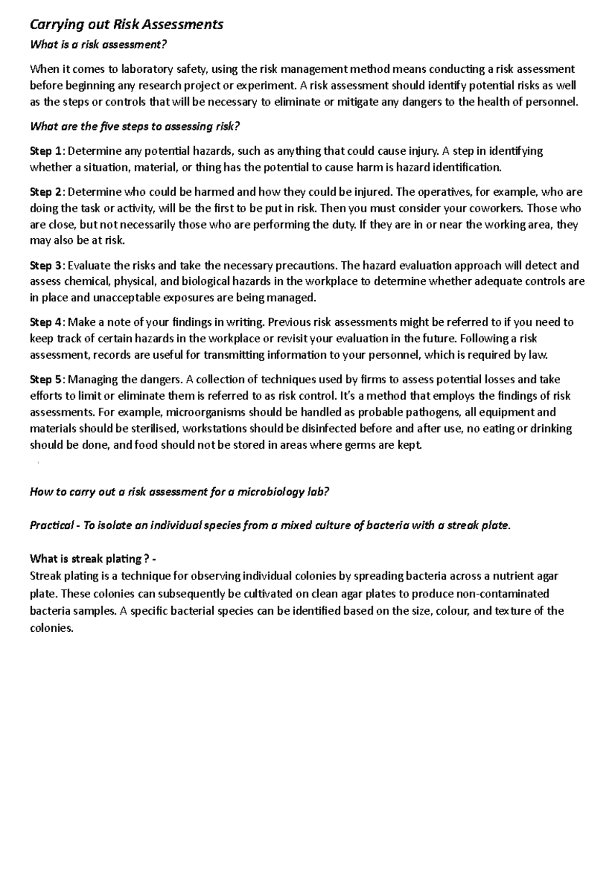 Unit 6 - LO2 - Comprehensive Guide to Risk Assessment in Labs - Studocu