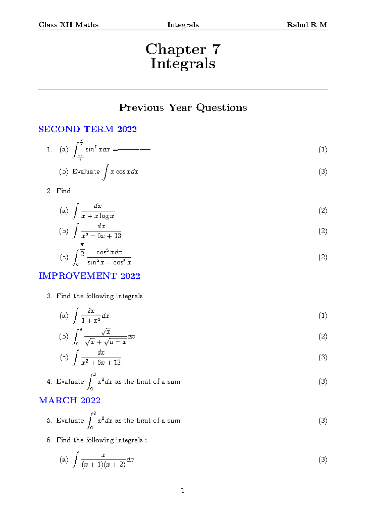 Integrals Important Questions 250131 120626 - Chapter 7 Integrals ...