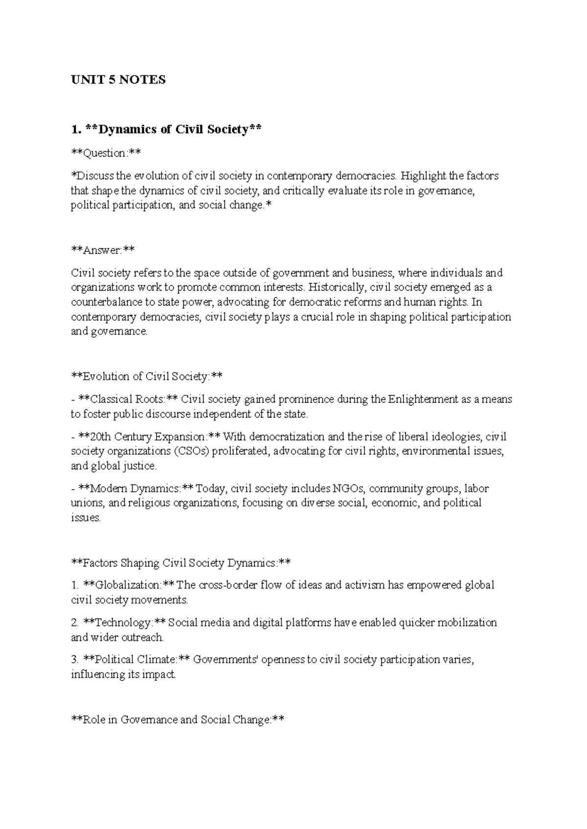 Unit 5 Notes: The Role of Civil Society in Contemporary Democracies ...