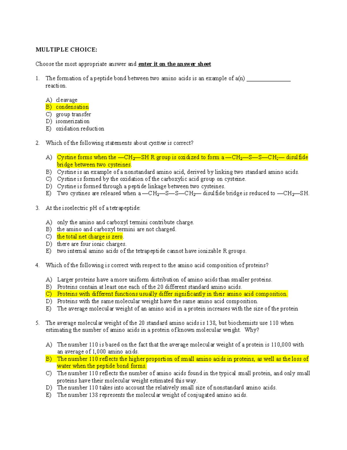 Biochemistry Exam (Course Code: BIOCHEM 101) - Multiple Choice ...