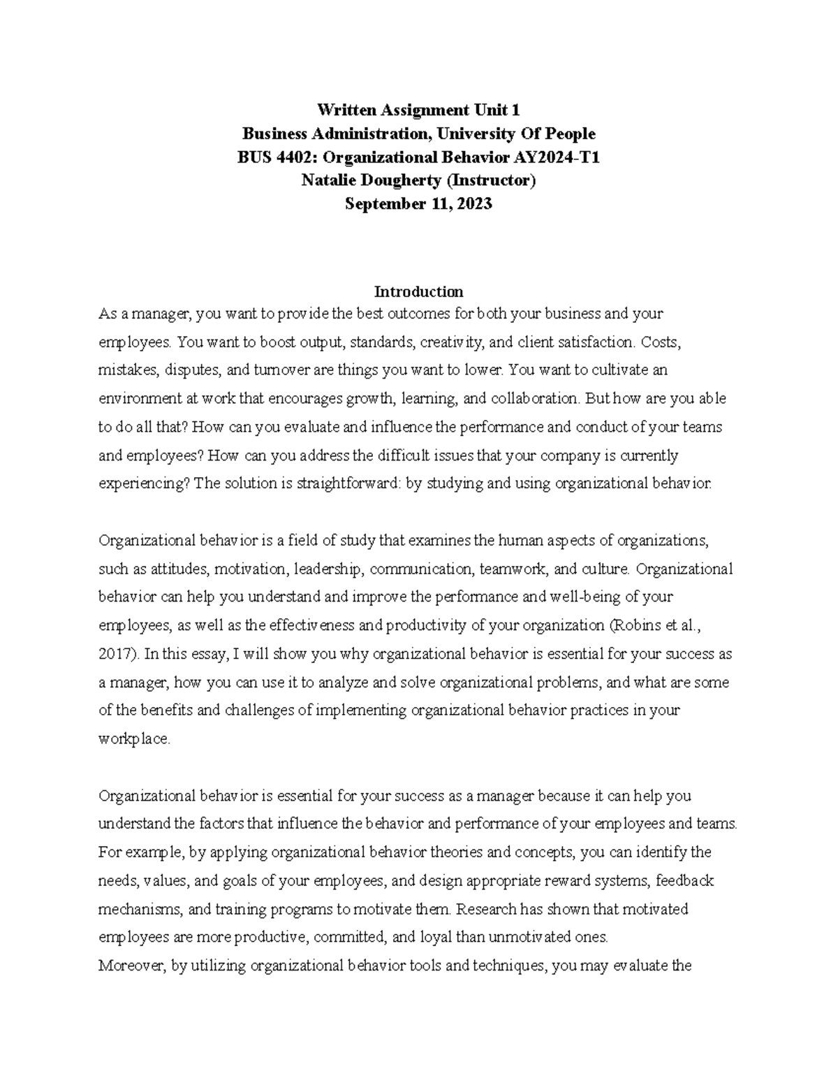 unit 1 Written Assignment bus 4402 OB - Written Assignment Unit 1 ...