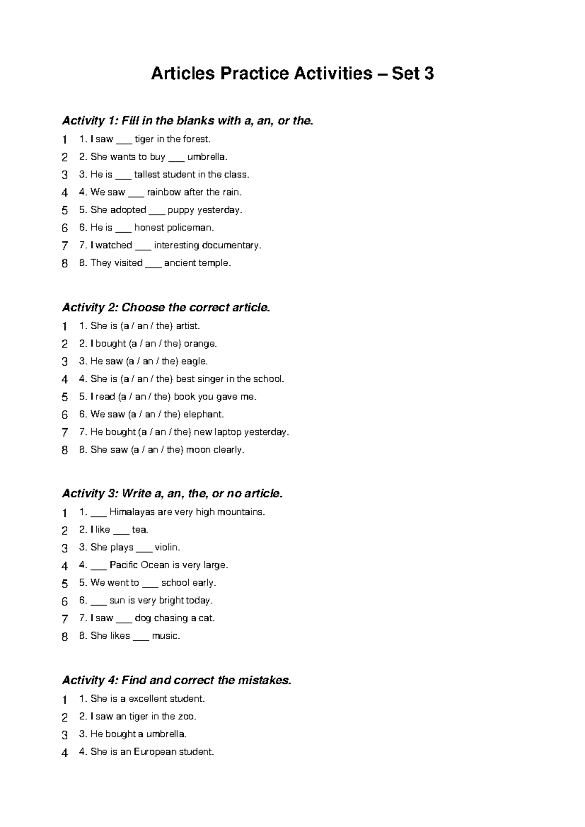 Articles Practice Activities Set 3: Fill in the Blanks & Corrections ...