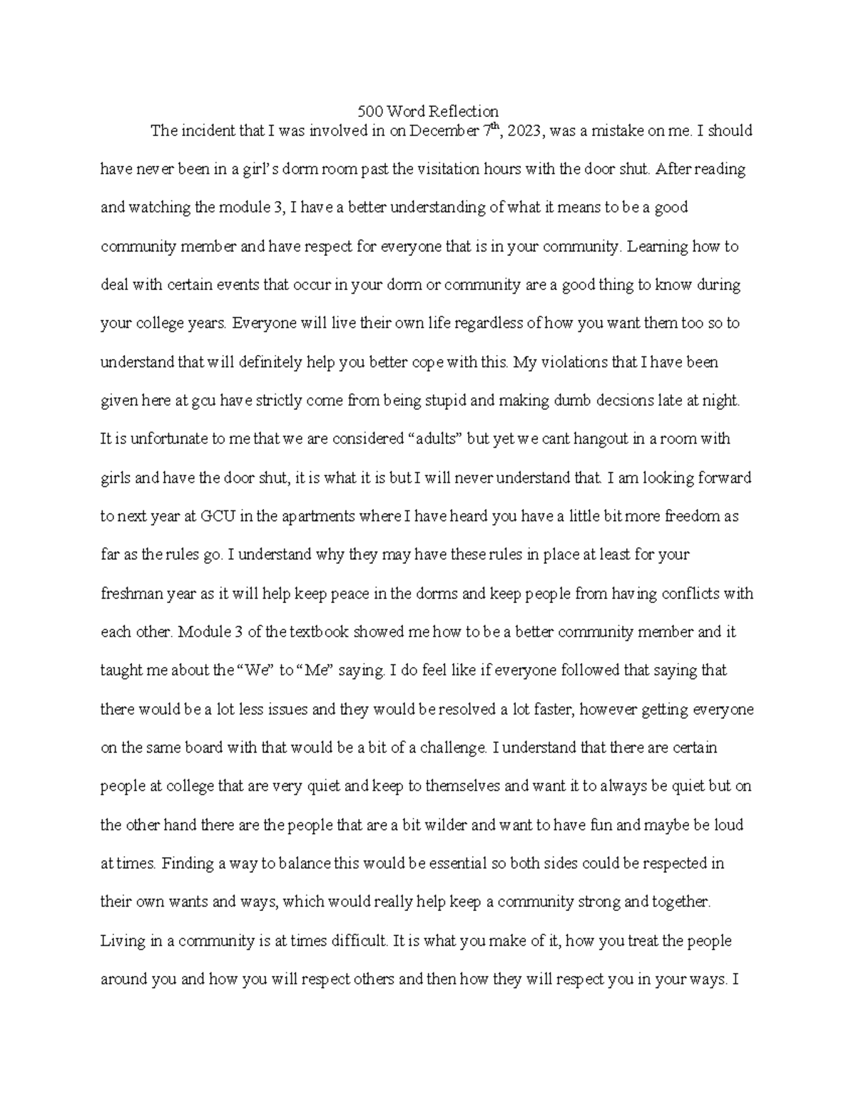500 Word Reflection on Community Living and Respect - Studocu