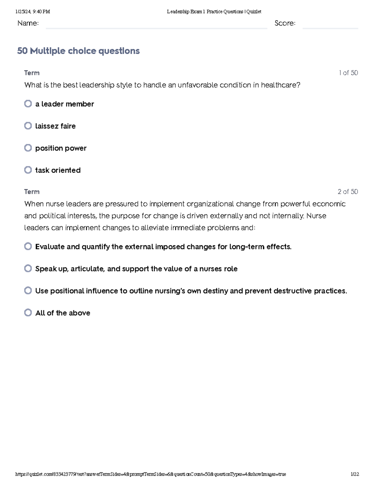 Leadership Exam 1 Practice Questions for NURS 301 - Quizlet - Studocu