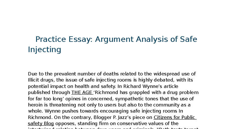 Argument Analysis Practice Essay 1: Safe Injecting Debate - Studocu