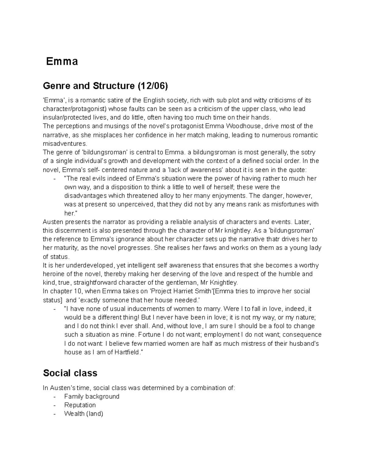 English Emma Notes - Emma Genre and Structure (12/06) ‘Emma’, is a ...