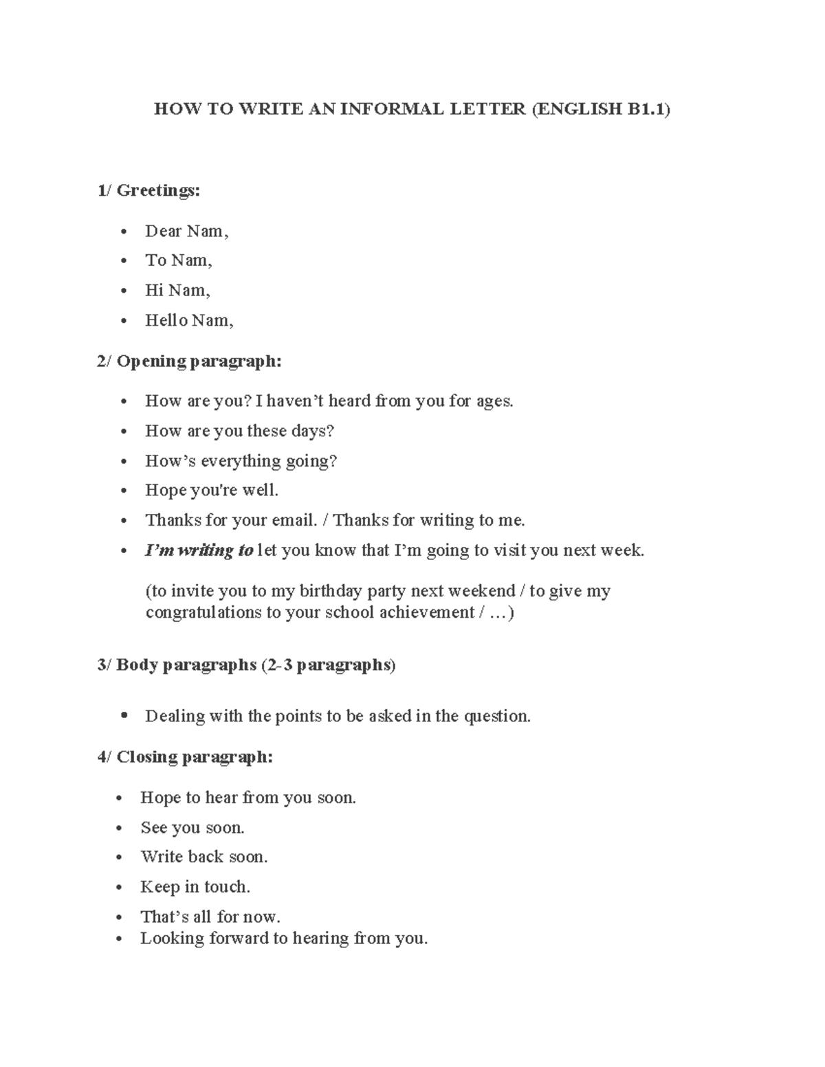 Writing an Informal Letter Guide (ENGLISH B1.1) - Studocu