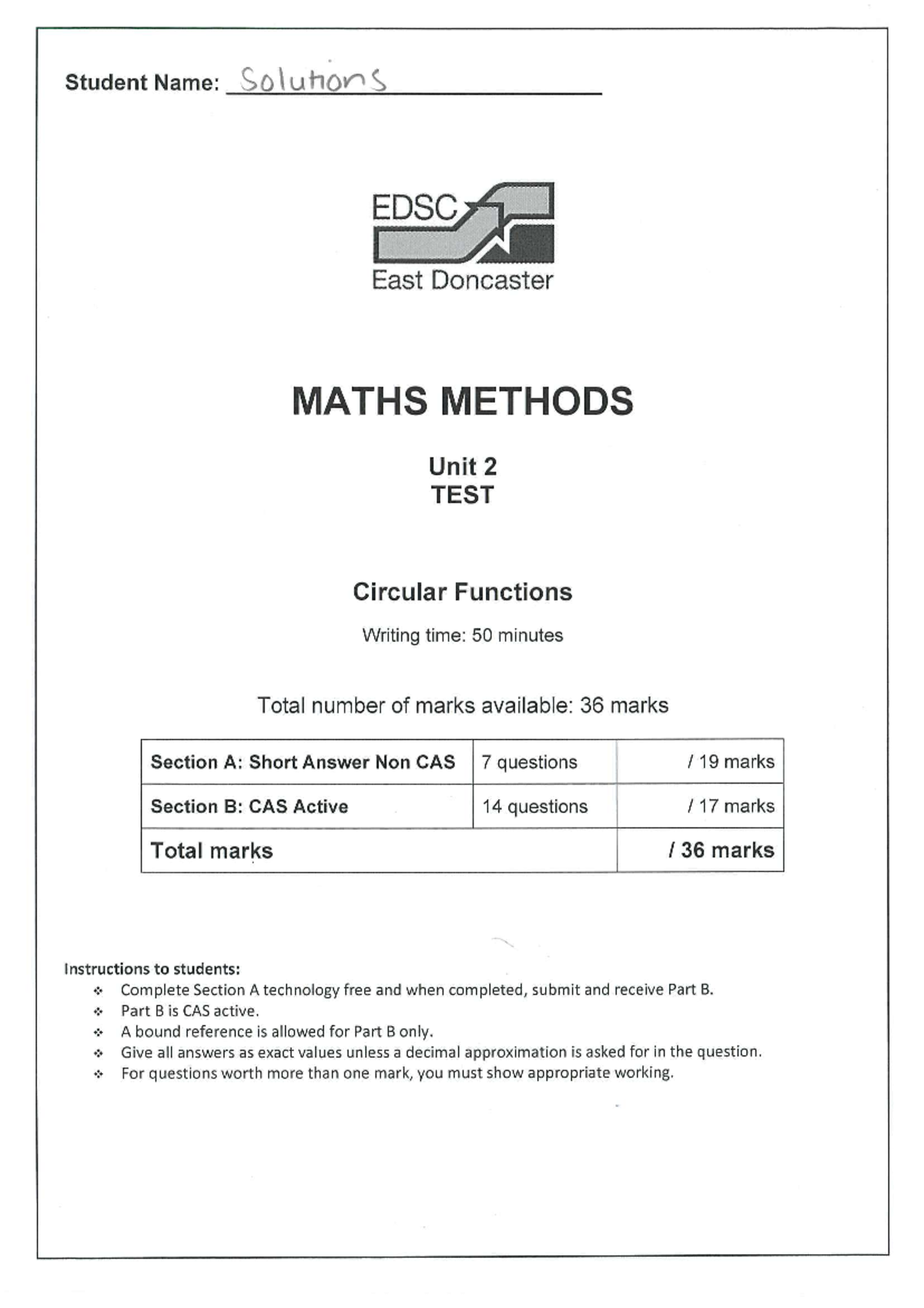 2024 MATHS METHODS Unit 2 Circular Functions Test Solutions - Studocu