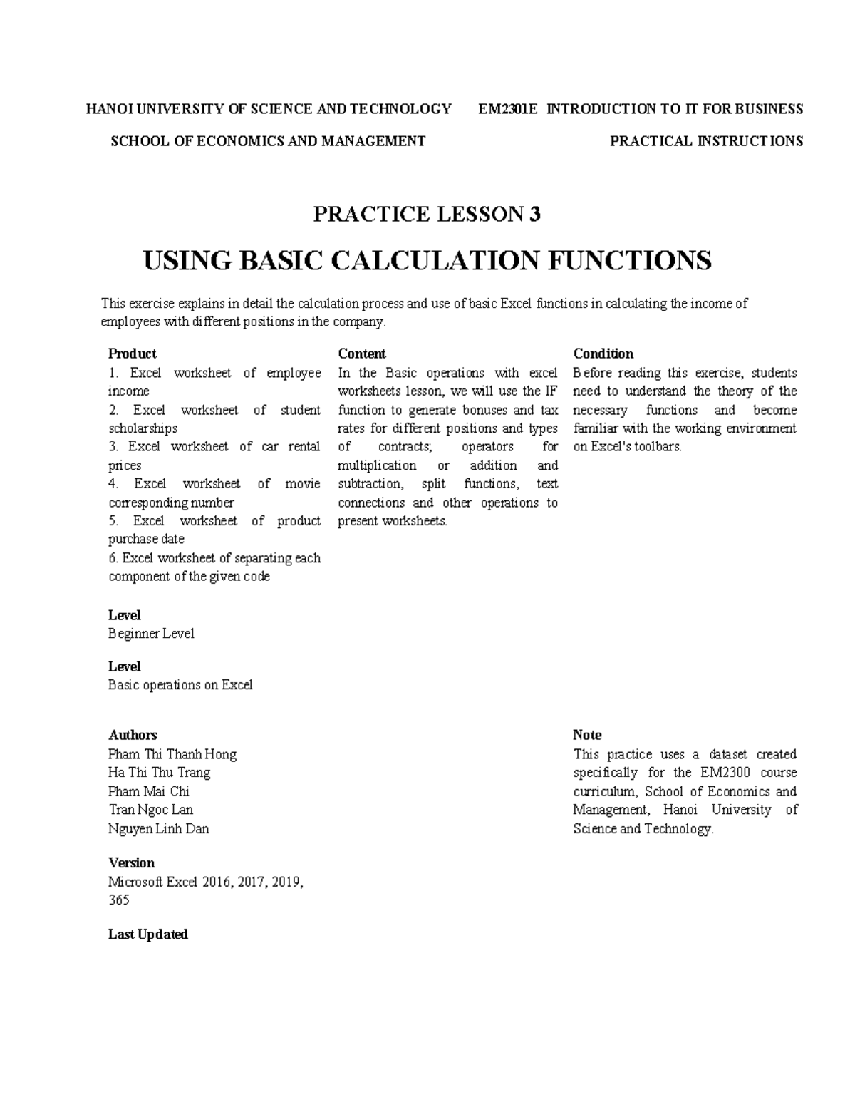 EM2301E Practical Class 3: Basic Excel Functions for Business ...