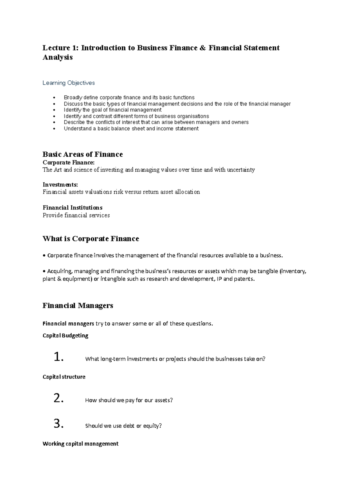 Business Finance - Lecture 1 - Lecture 1: Introduction to Business ...