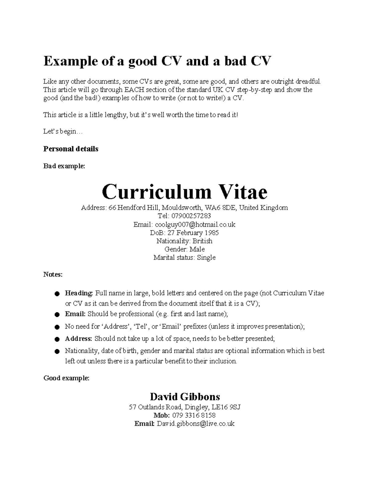 4Example of a good CV and a bad CV - This article will go through EACH ...