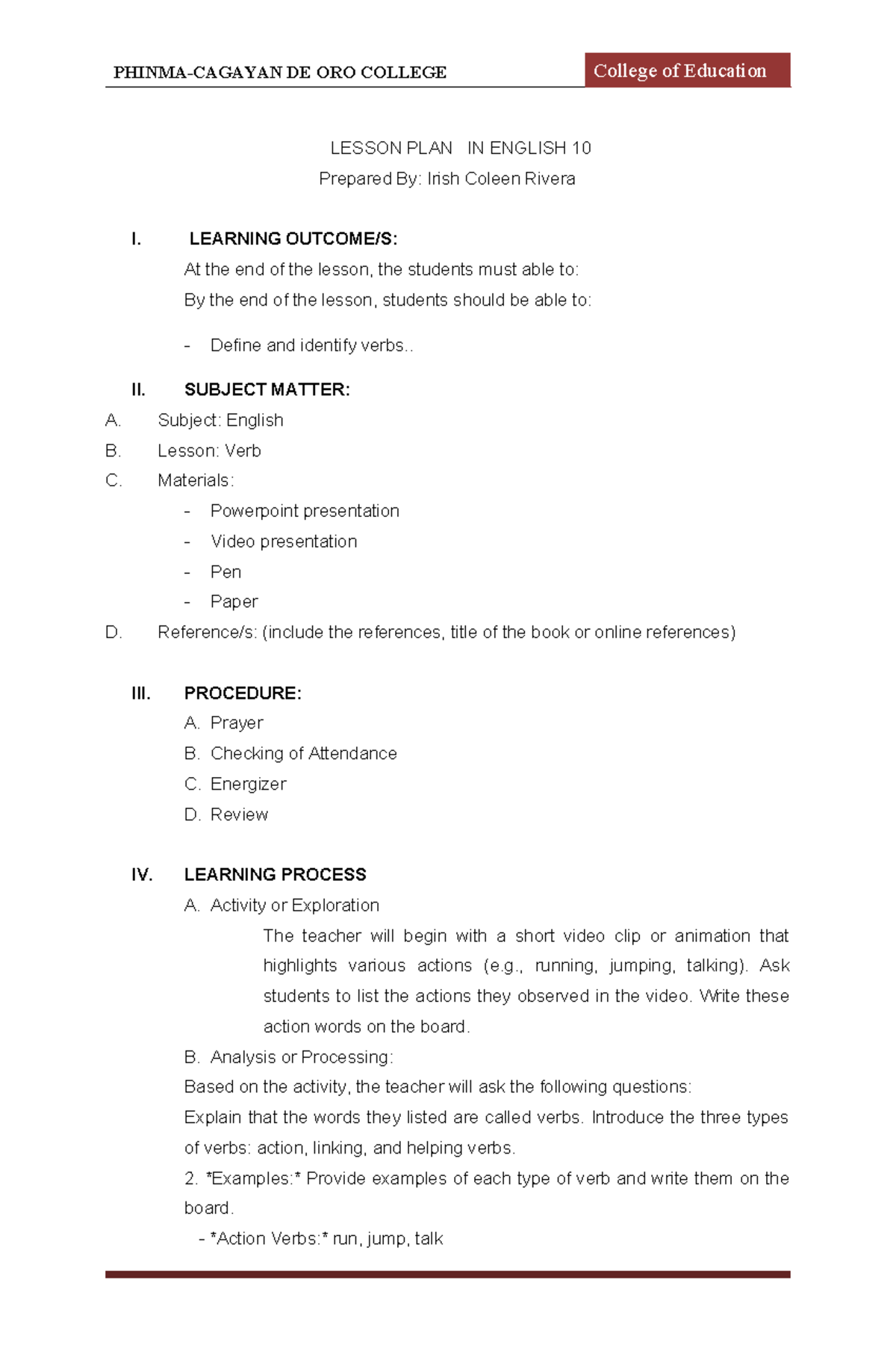 ENG 155 Lesson PLAN example - PHINMA-CAGAYAN DE ORO COLLEGE College of ...