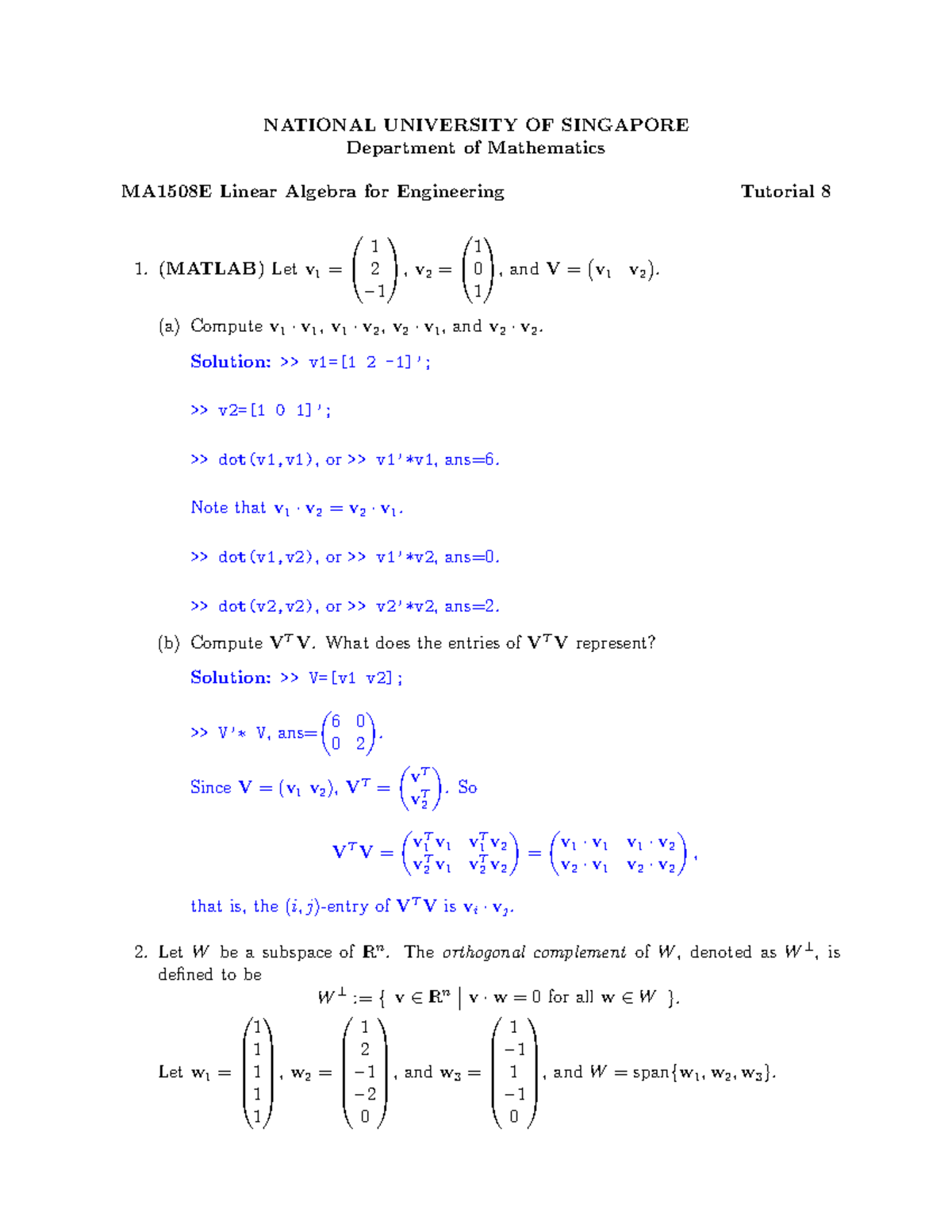 NUS MA1508E Linear Algebra for Engineering Tutorial 8 Solutions - Studocu