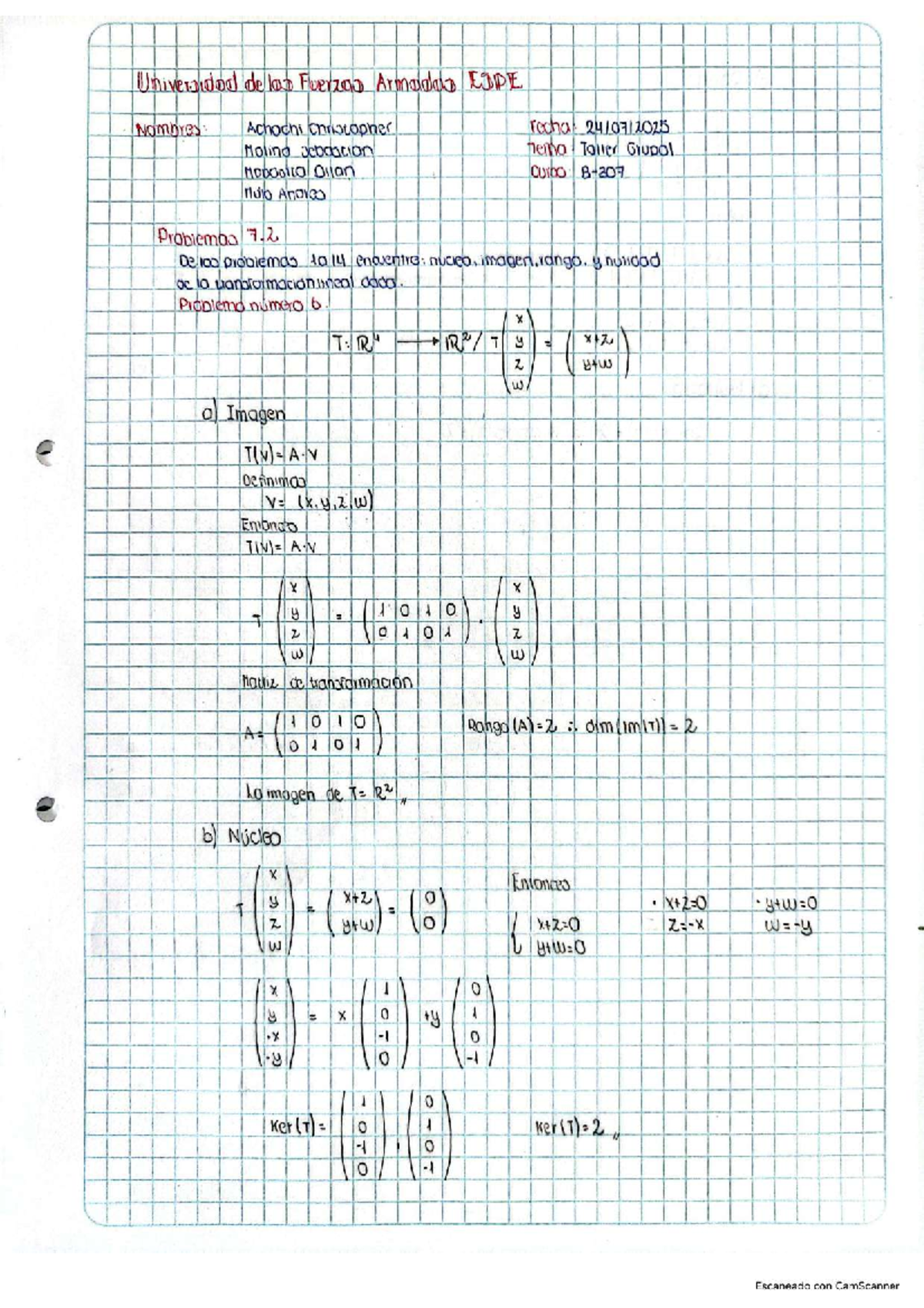 Taller 1 de Álgebra - EDPE B-207: Núcleo, Imagen y Rango - Studocu