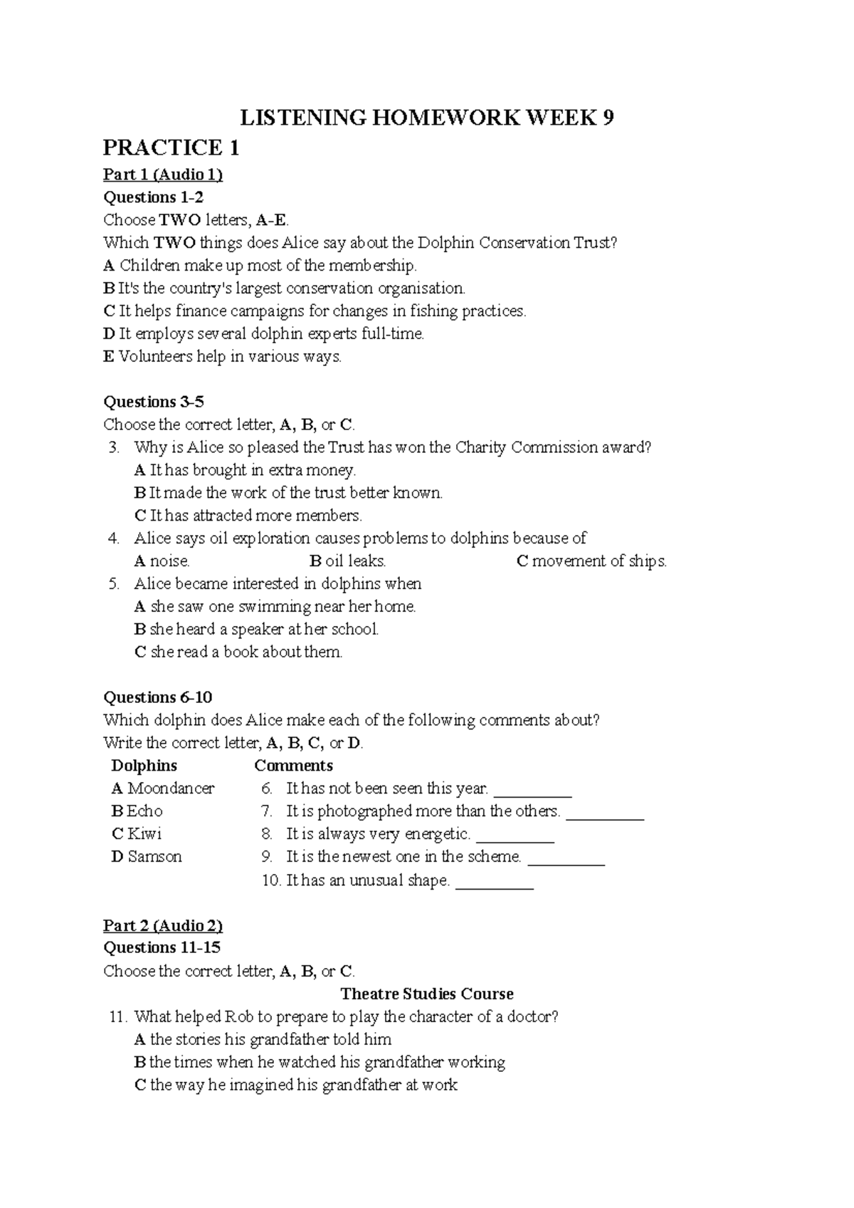 Listening Homework WEEK 9 - LISTENING HOMEWORK WEEK 9 PRACTICE 1 Part 1 ...