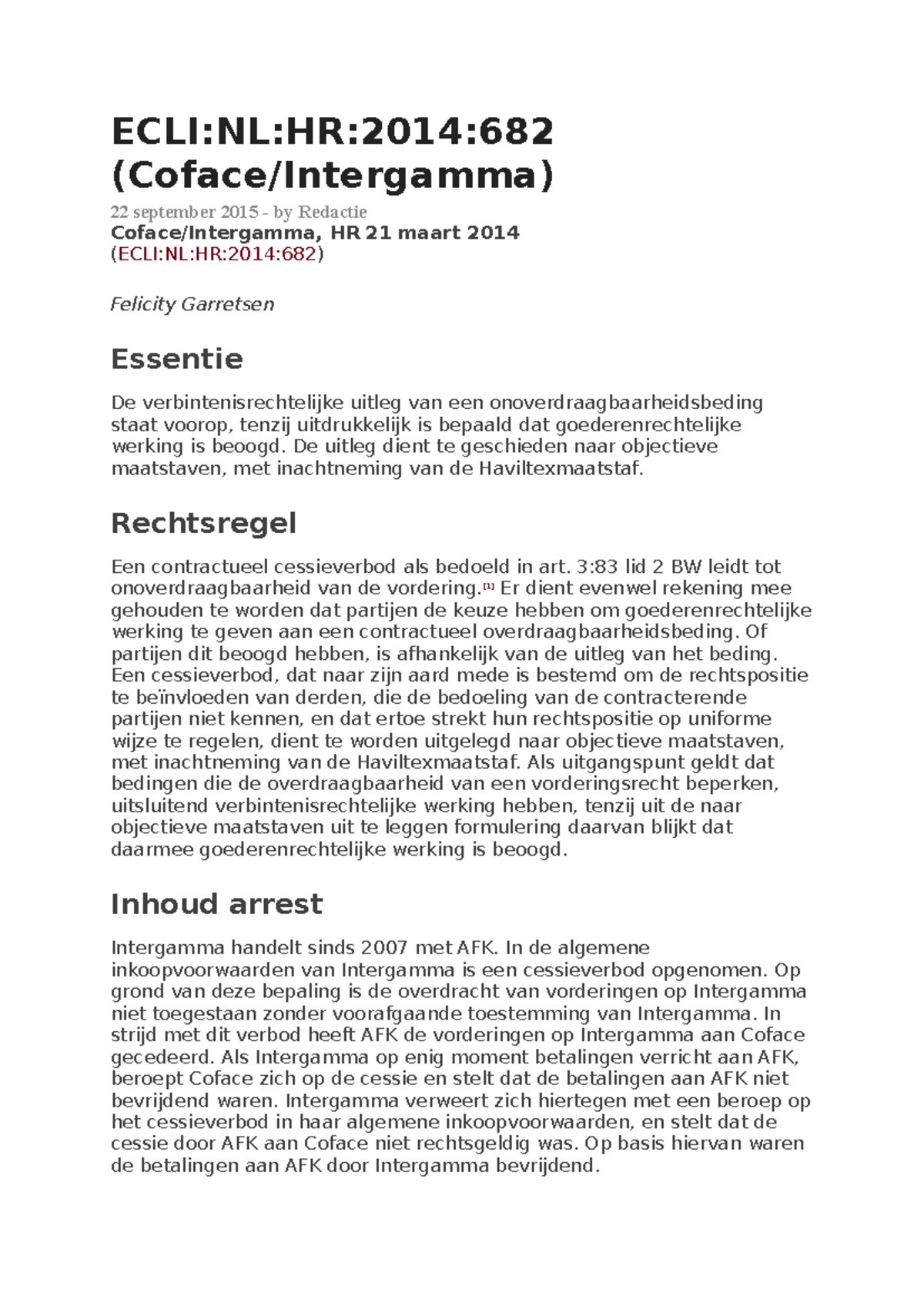 Coface/Intergamma Case Analysis - Week 6A (ECLI:NL:HR:2014) - Studeersnel