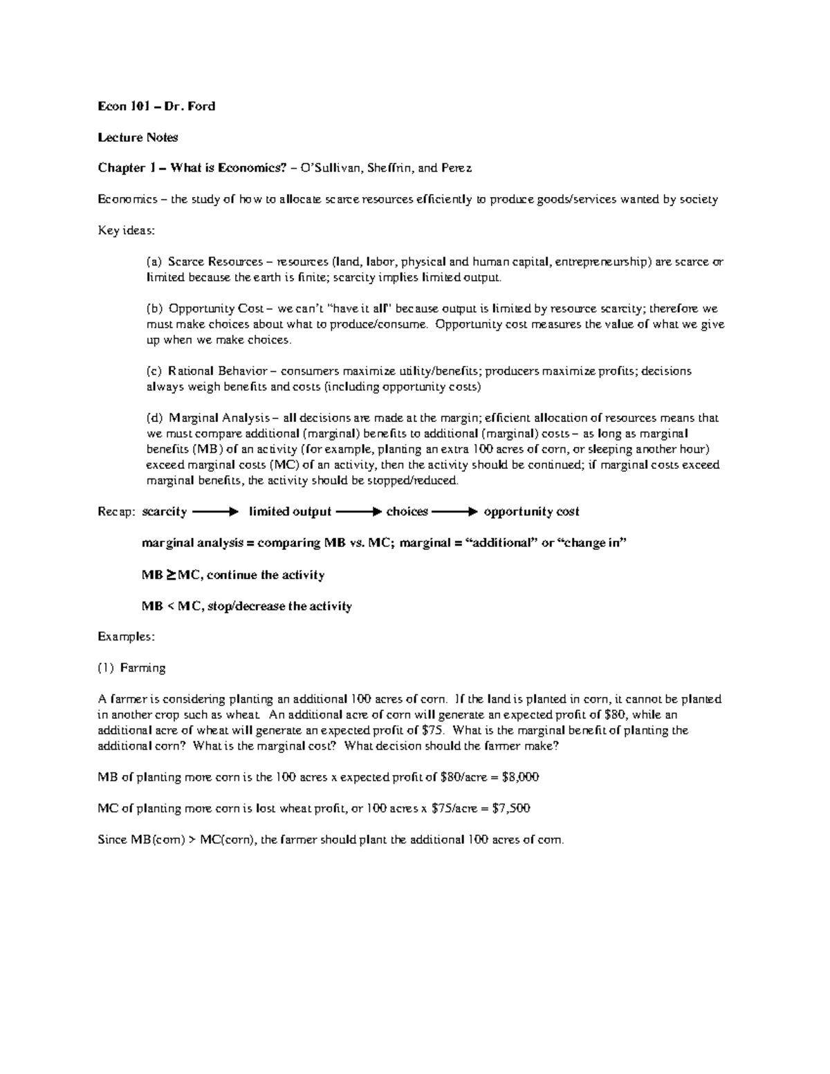 Econ 101 Dr. Ford Lecture Notes: Chapter 1 - Intro to Economics - Studocu
