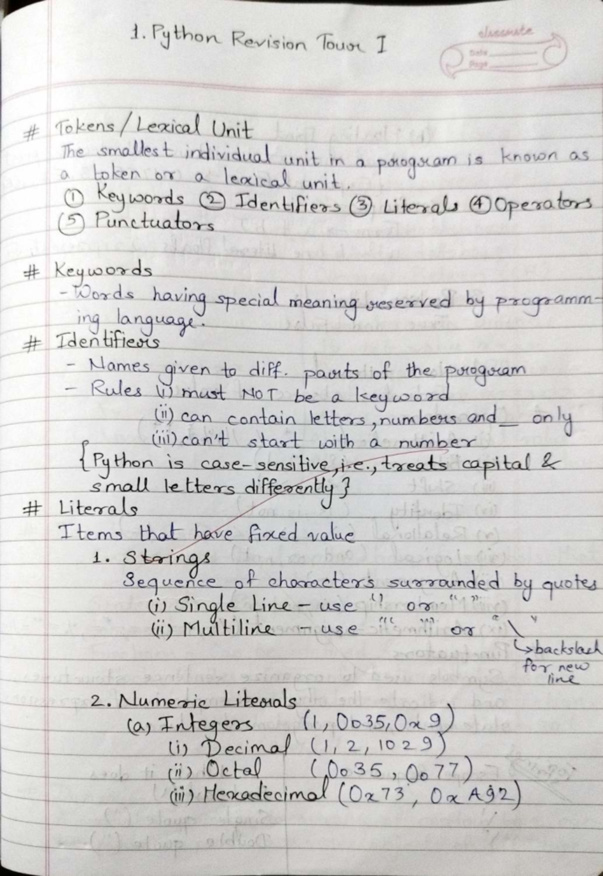 CBSE CS Class 12 Revision Notes: Python Chapter 1 Overview - Studocu