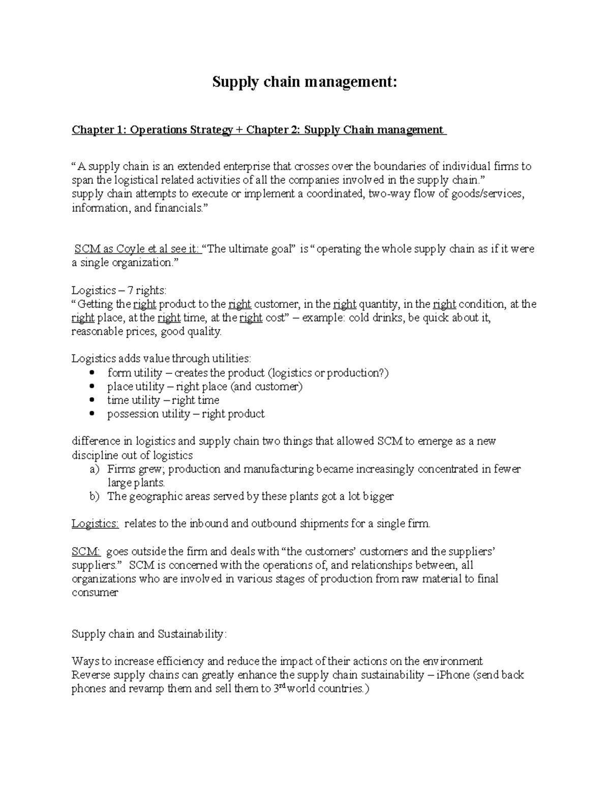 Supply chain and operations - midterm 1 - Supply chain management ...