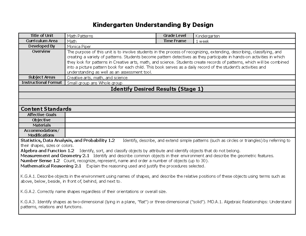 Understanding by Design: Math Patterns Unit for K (Final Exam) - Studocu