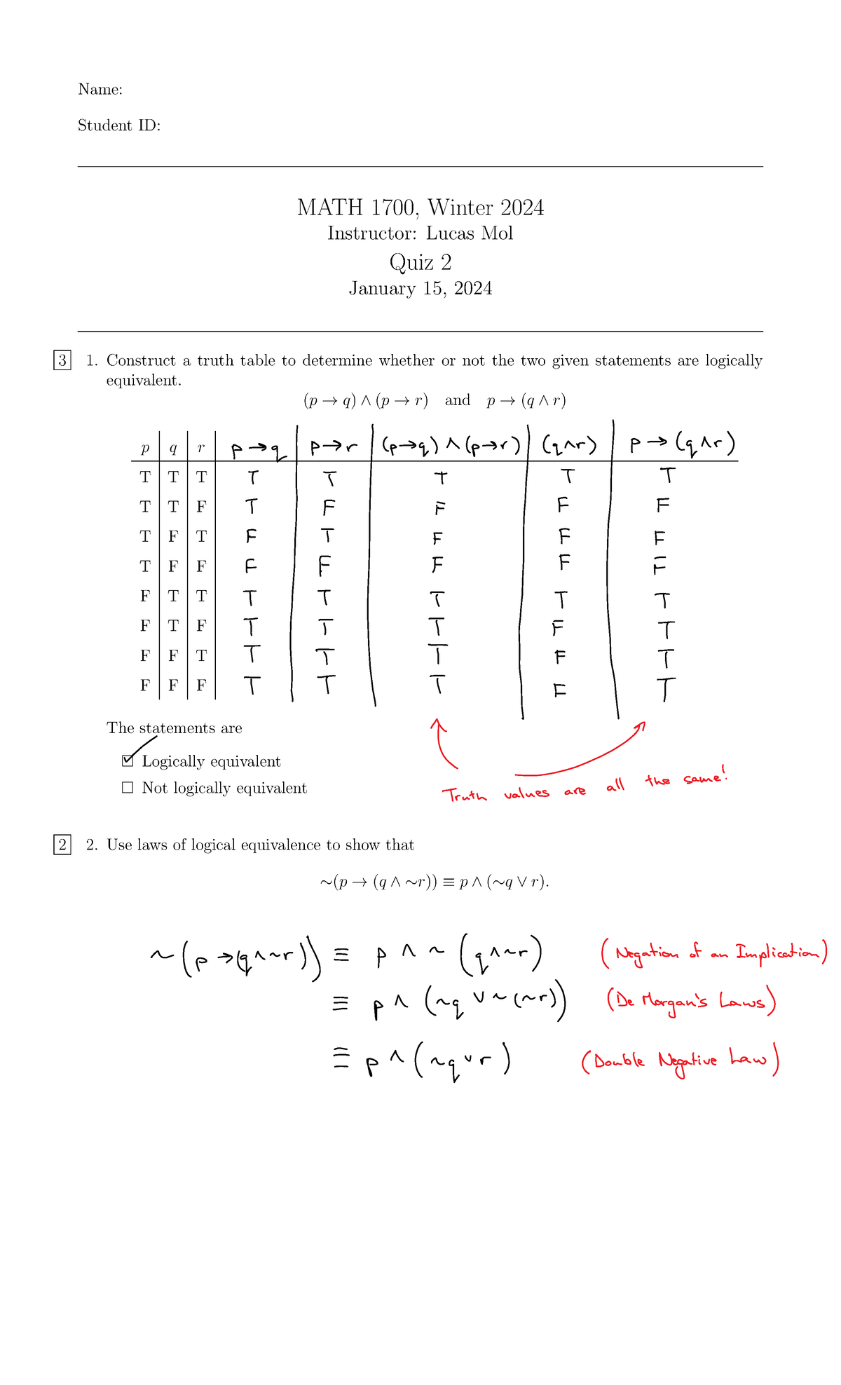 MATH 1700 Winter 2024 Quiz 2 Solutions and Truth Tables - Studocu
