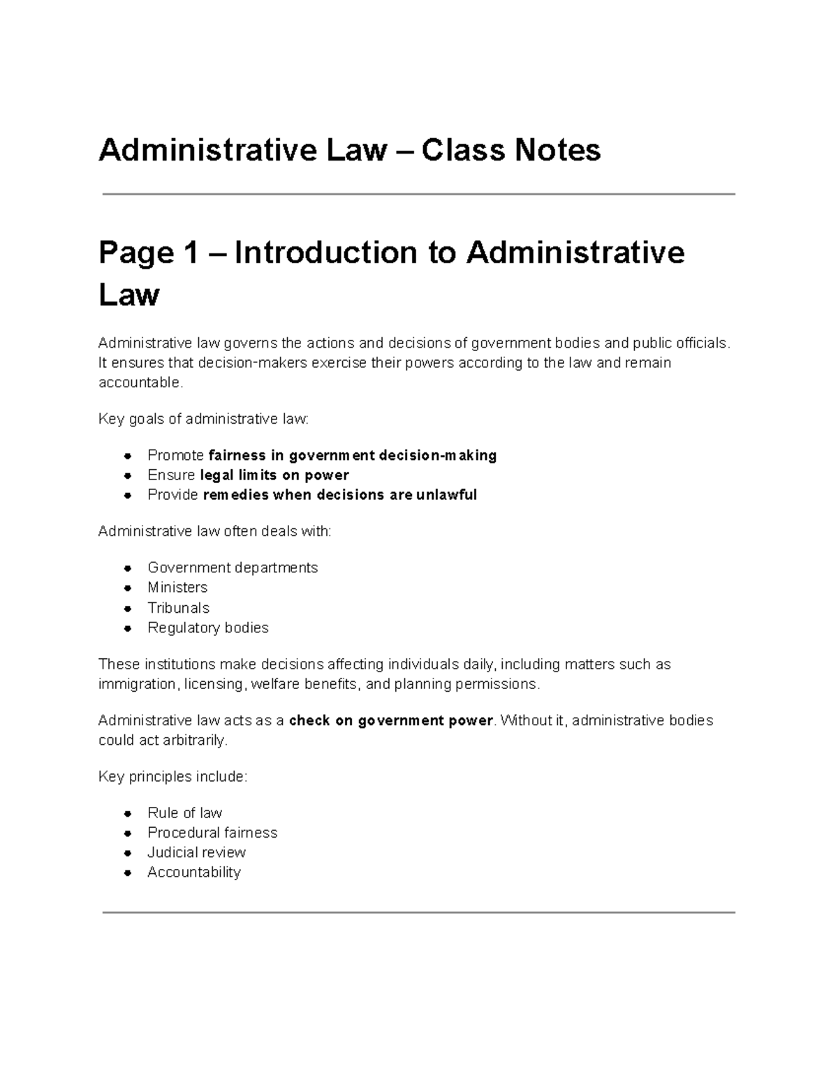 Administrative Law Class Notes: Key Principles and Sources - Studocu
