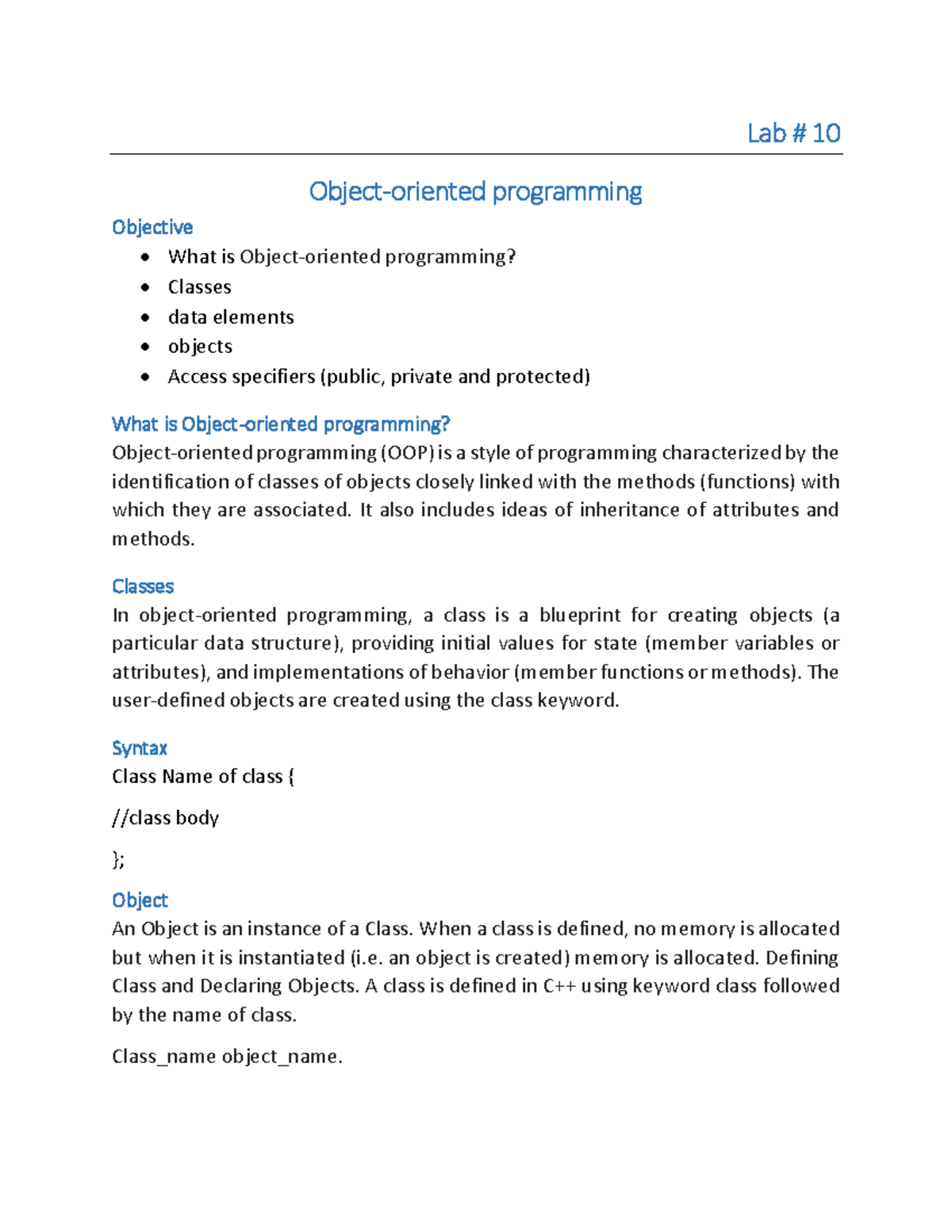 Lab 10: Object-Oriented Programming Concepts and Implementation - Studocu