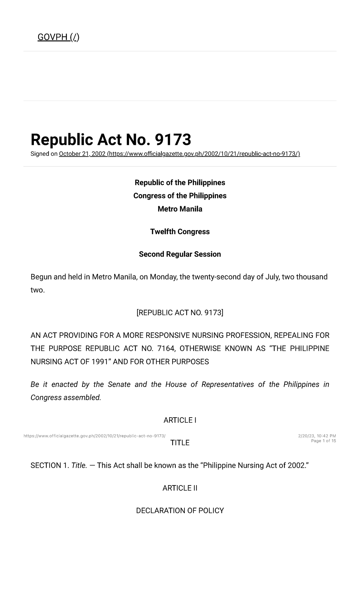 Republic Act No. 9173: Philippine Nursing Act of 2002 Overview - Studocu