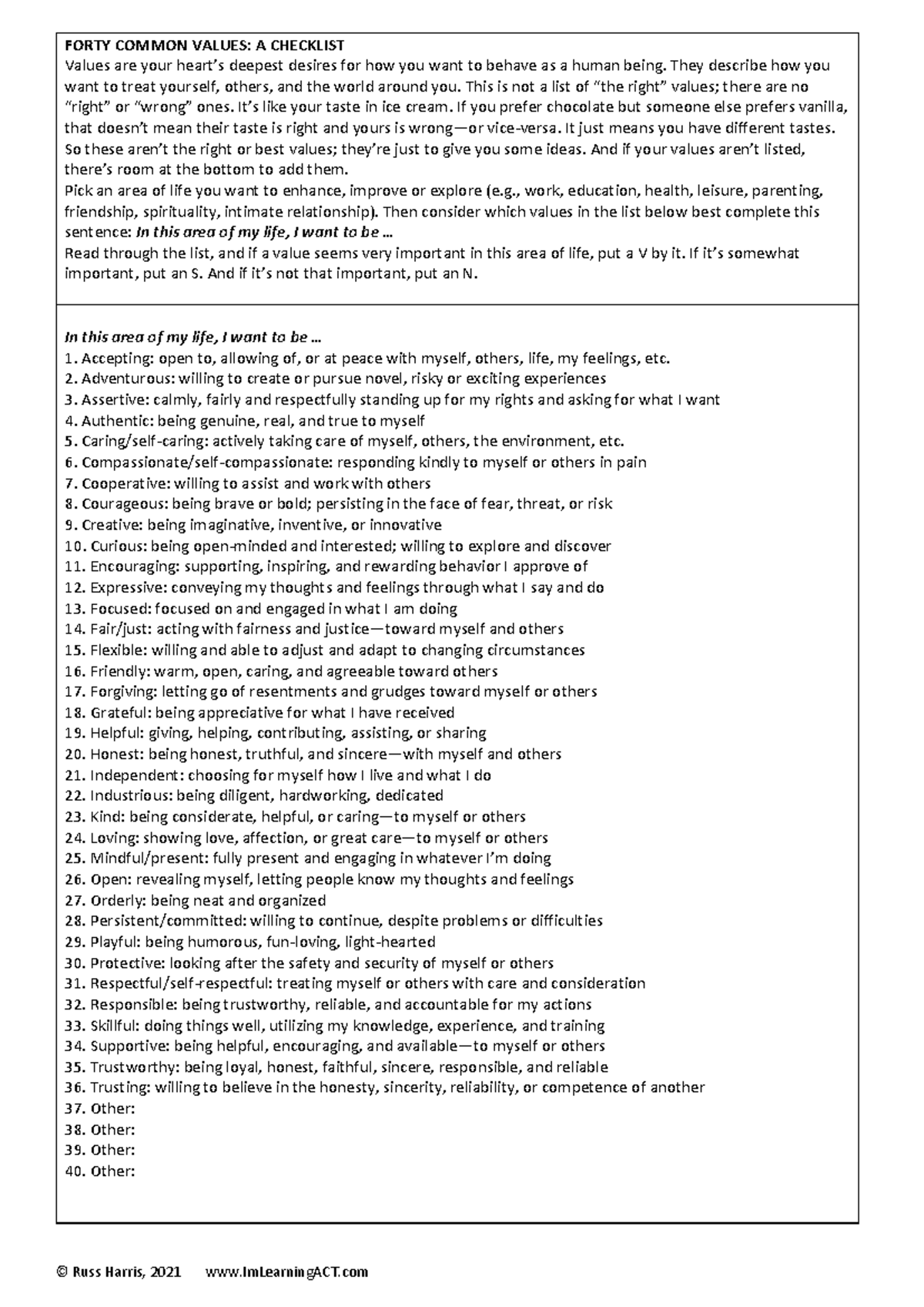40 Common Values Checklist - 2021 Evaluation Guide - Studocu