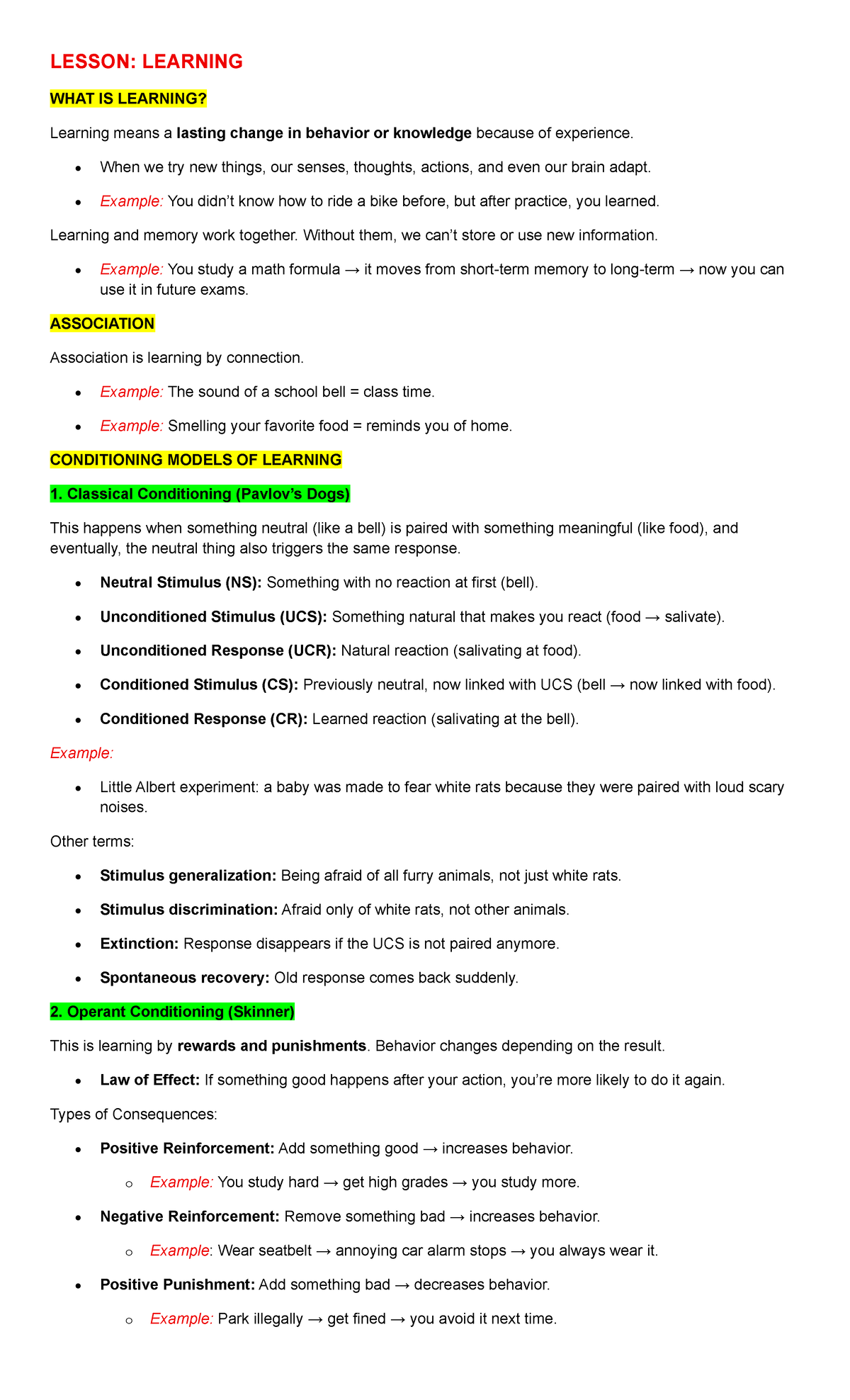 P2: LESSON NOTES ON LEARNING, MEMORY, AND EMOTION IN PSYCHOLOGY - Studocu