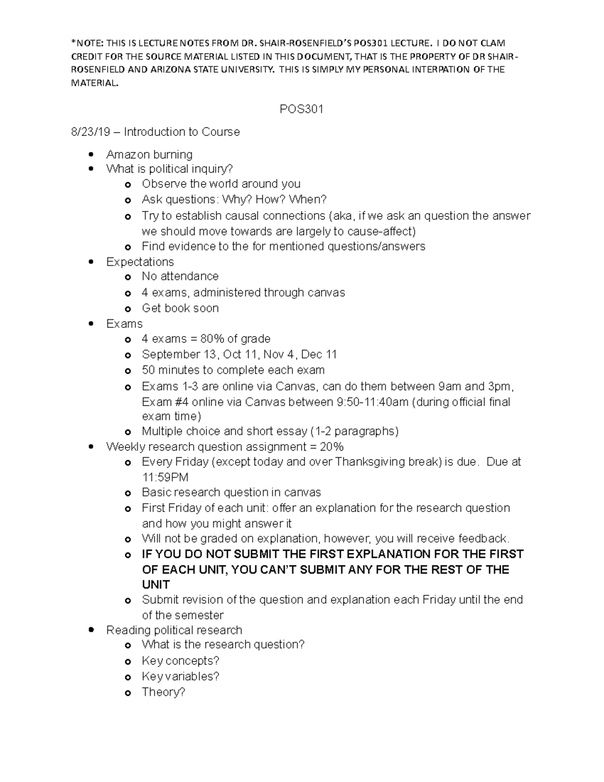 POS 101: Intro to Political Inquiry - Lecture Notes and Key Concepts ...
