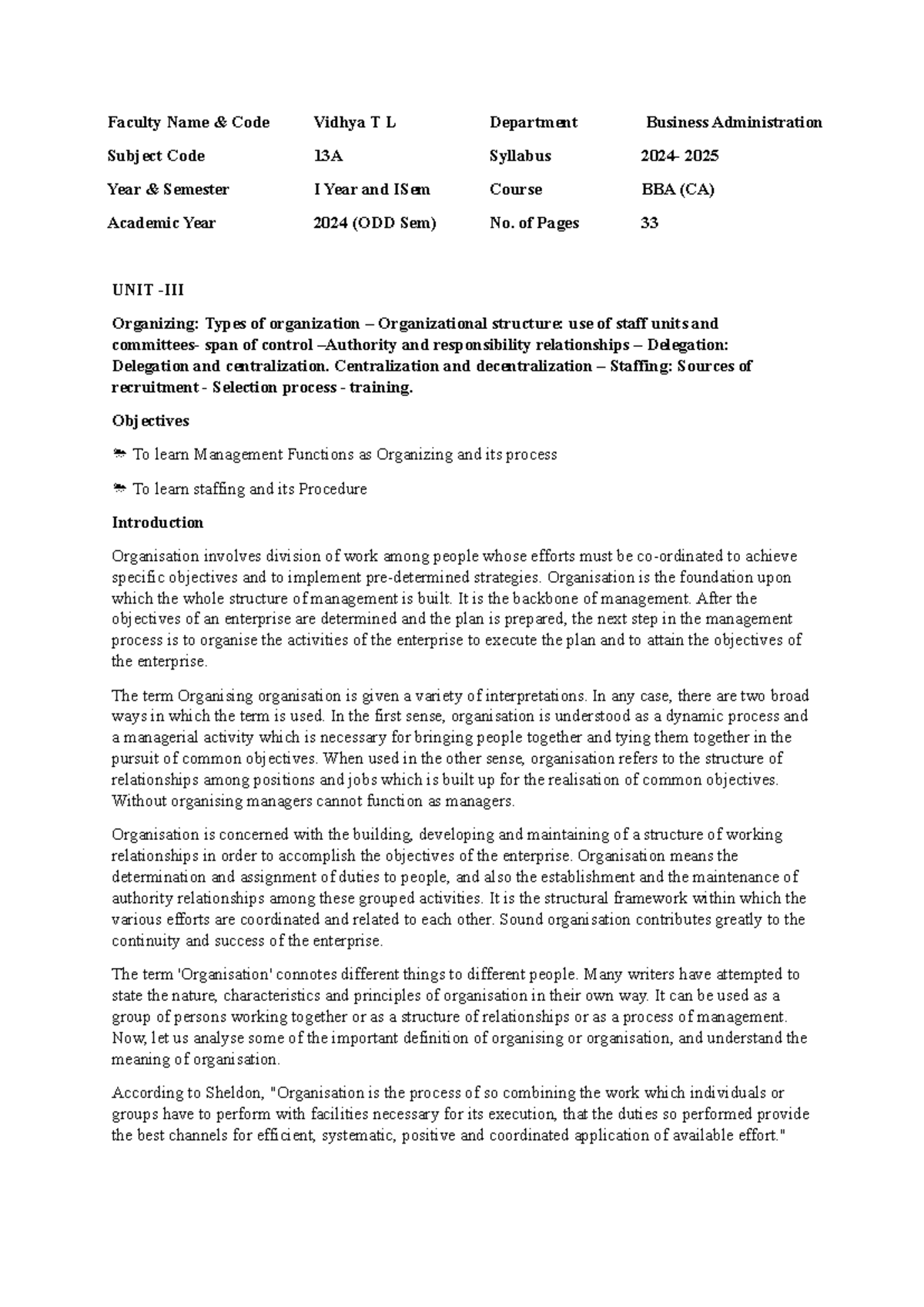 UNIT 3 POM - notes - Faculty Name & Code Vidhya T L Department Business ...