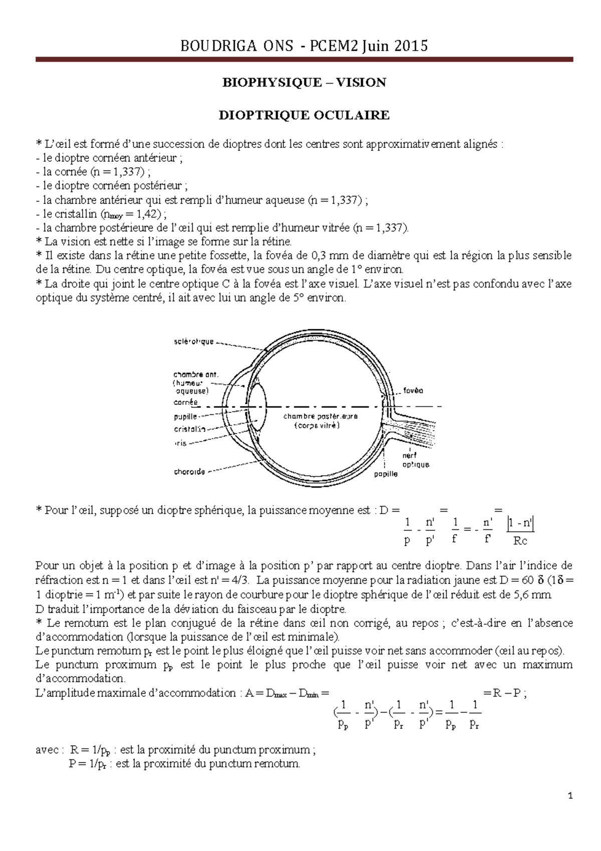 **Biophysique - Vision et Dioptrie Oculaire (PCEM2)** - Studocu