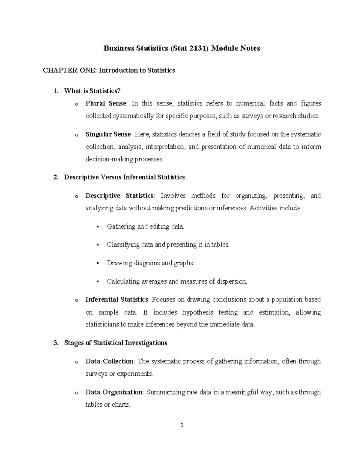 Business Statistics (Stat 2131) Module Notes: Intro to Statistics - Studocu
