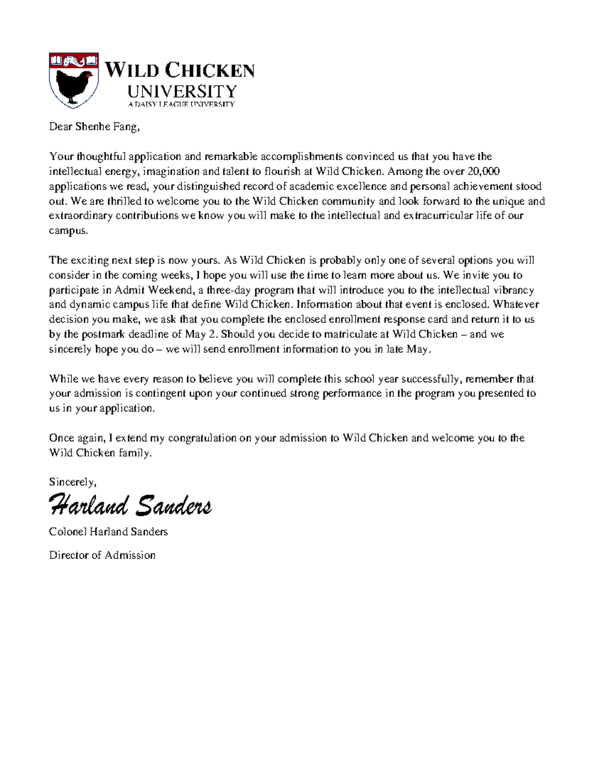 WCU Admission Decision Letter for Shenhe Fang - Welcome to Wild Chicken ...