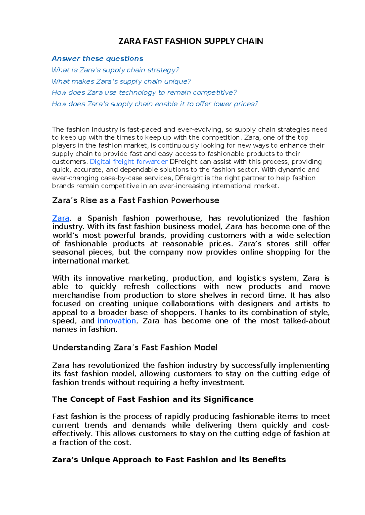 ZARA FAST Fashion Supply Chain - ZARA FAST FASHION SUPPLY CHAIN Answer ...