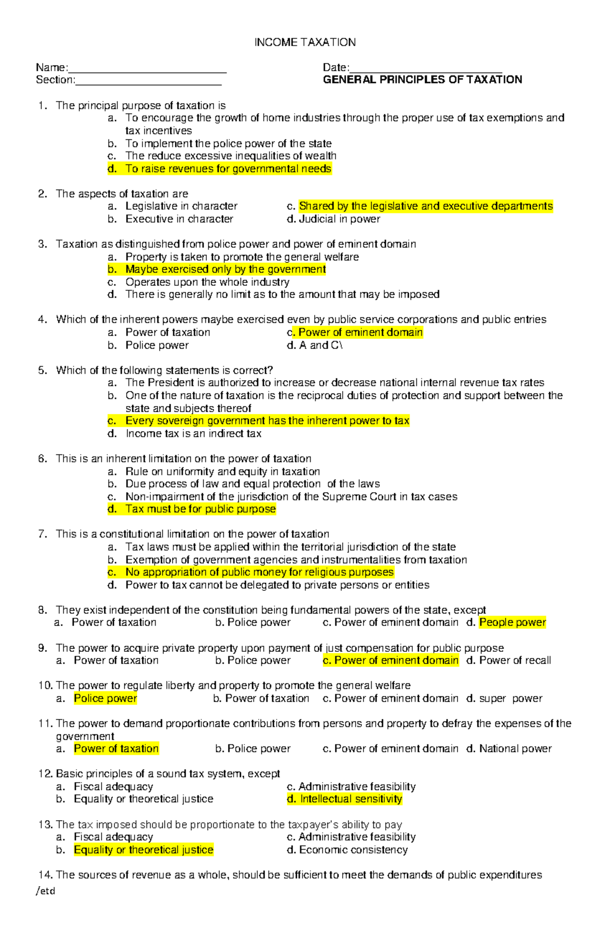 General Principles of Taxation: Practice Questions for Exam - Document Preview