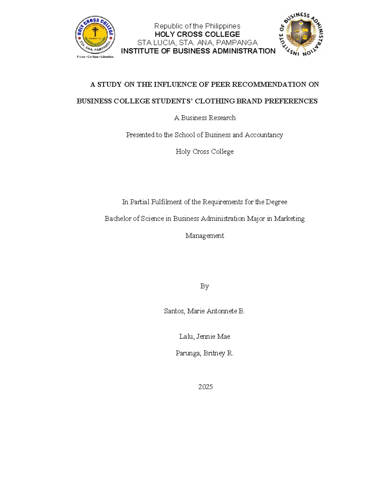 A Study on Peer Recommendation Influence in Brand Preference (BUS 101 ...