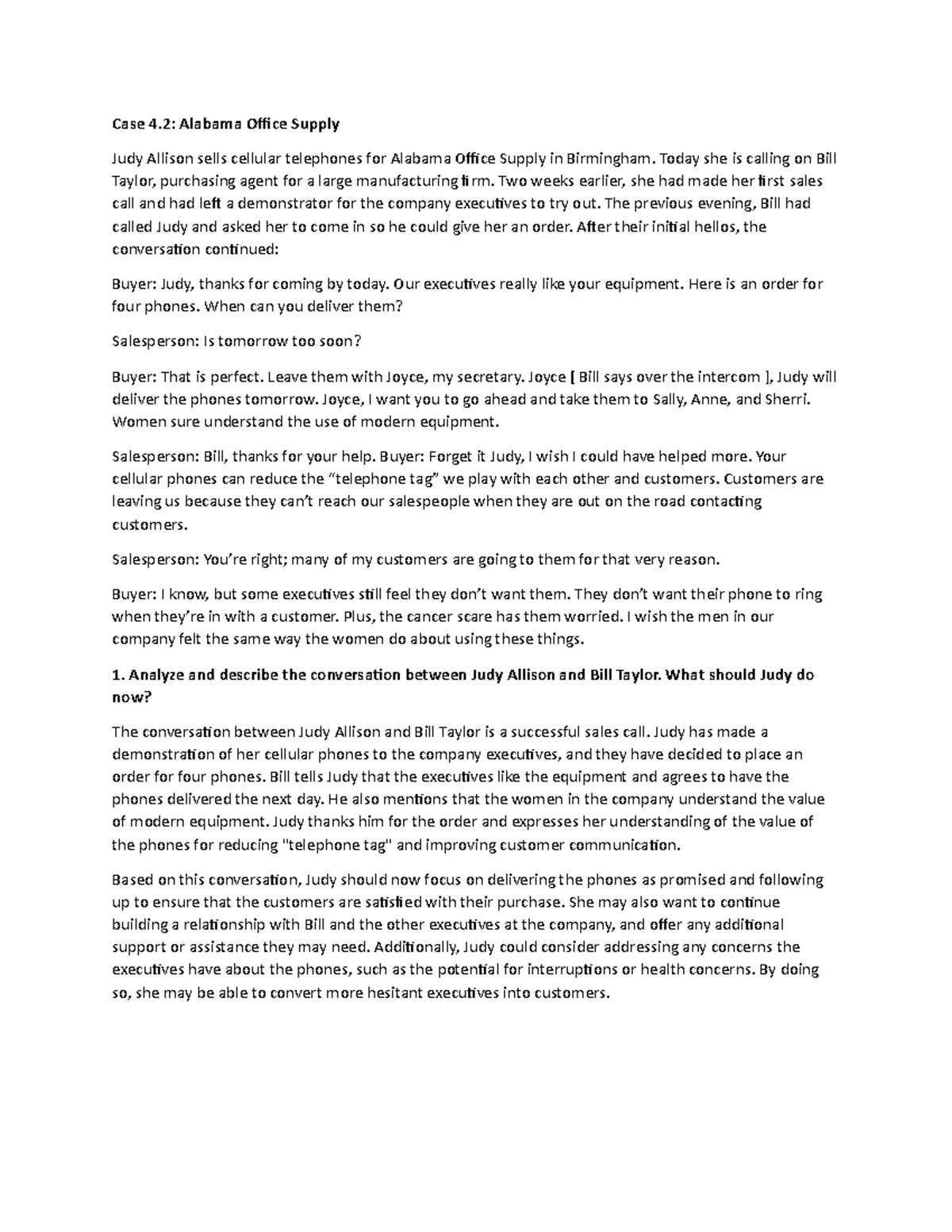 Case Study 4.2: Sales Call Analysis - Judy Allison & Bill Taylor - Studocu