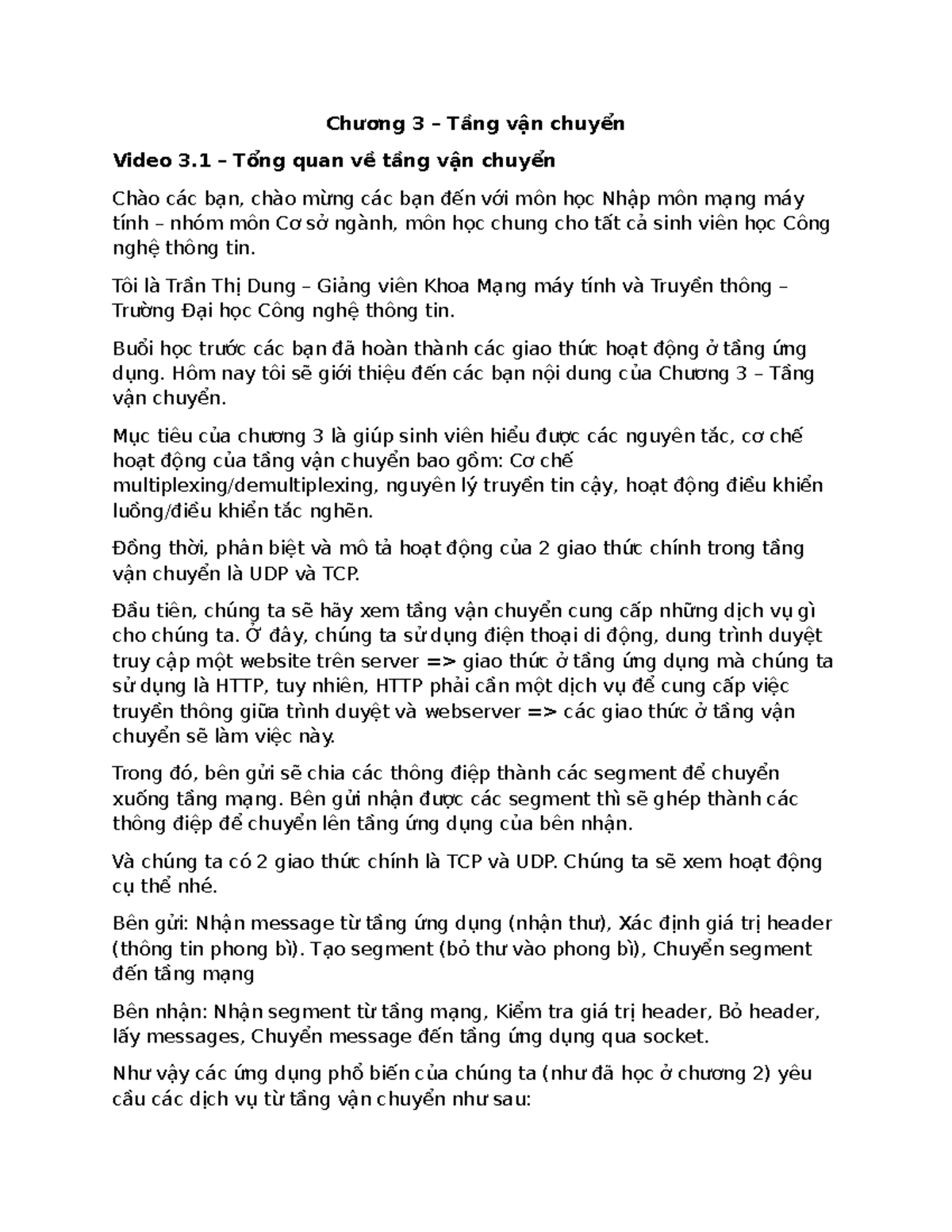 Chương 3 - Tầng Vận Chuyển: Nguyên Tắc & Giao Thức UDP/TCP - Studocu