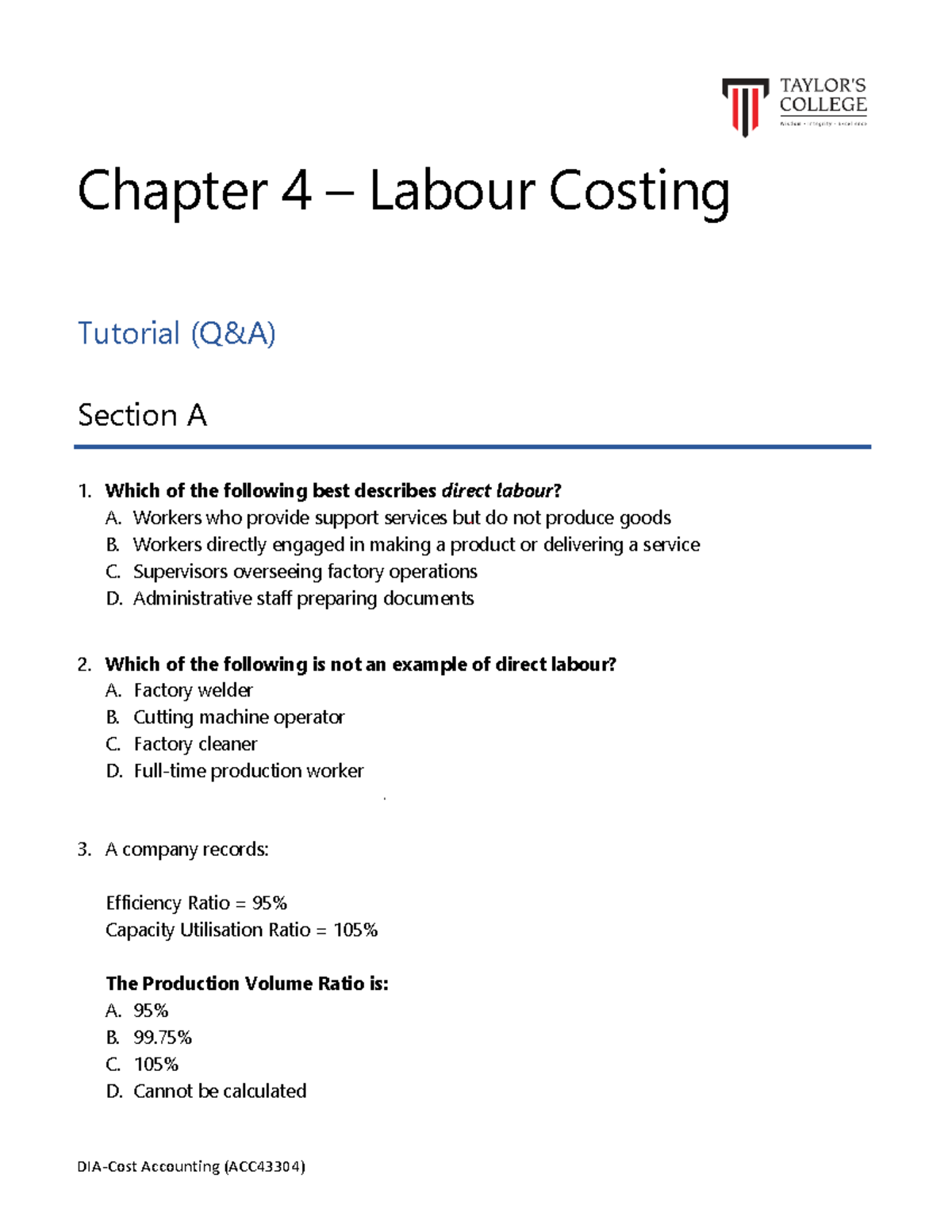 Chapter 4 - Labour Costing Tutorial (ACC43304) - Studocu