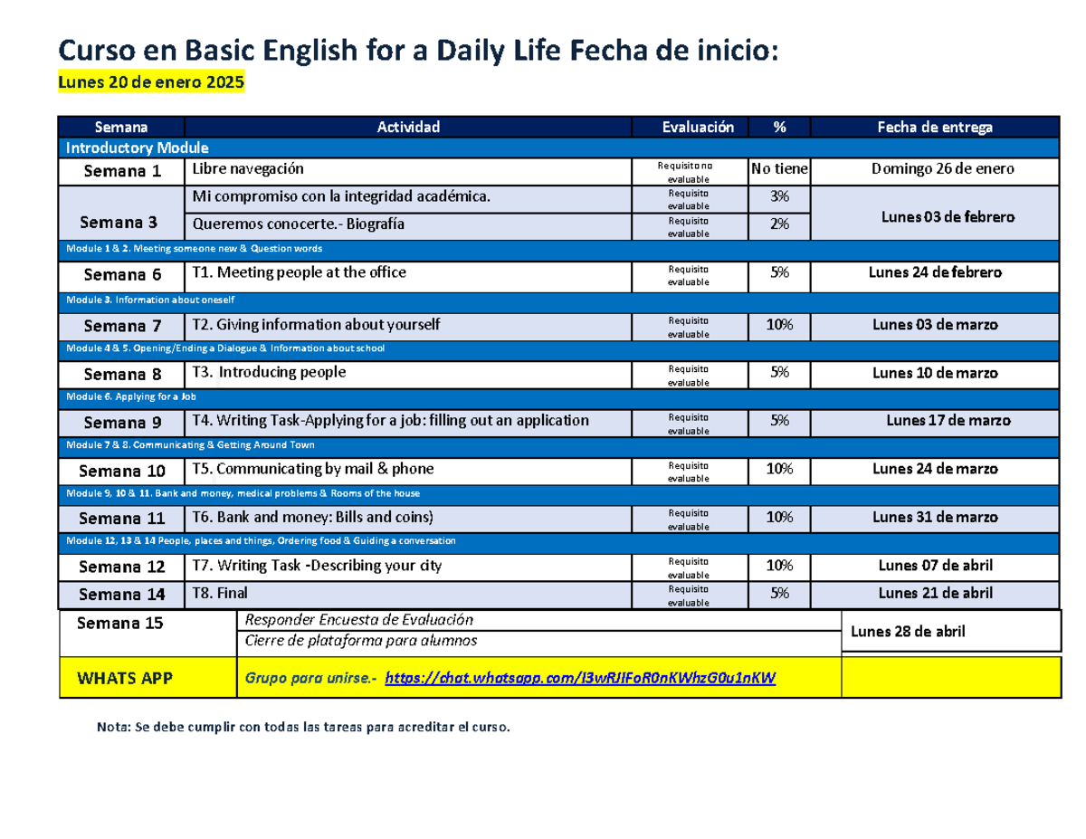 Curso en Basic English for a Daily Life Calendario Enero 2025 - Curso ...