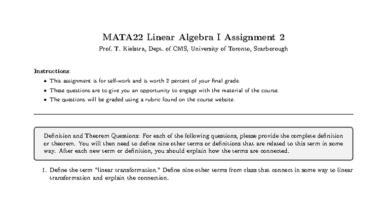 MATA22 Linear Algebra I Assignment 2 Notes on Linear Transformations ...