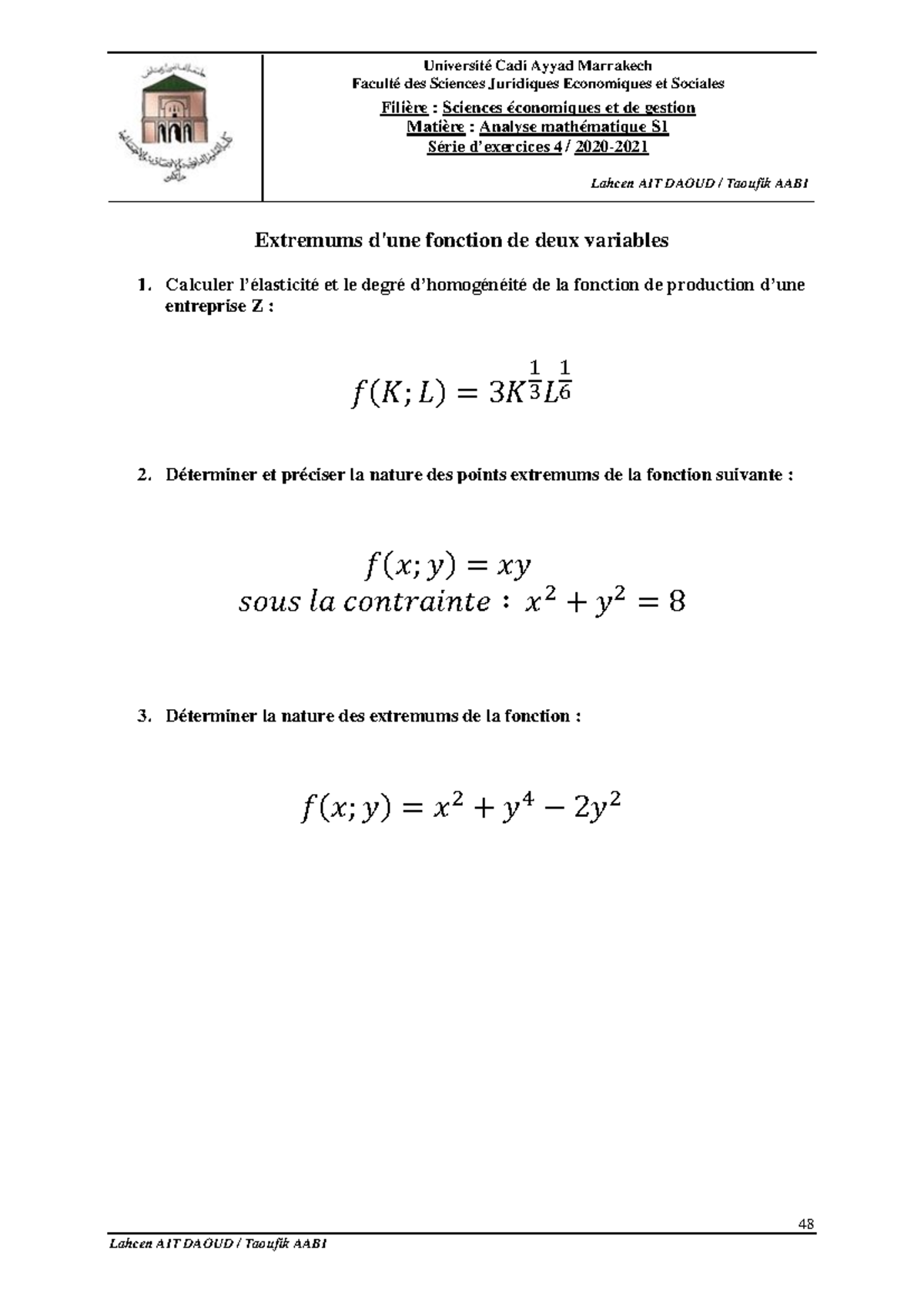 S1 - Analyse Mathématique : Exercices sur Extremums et Optimisation ...